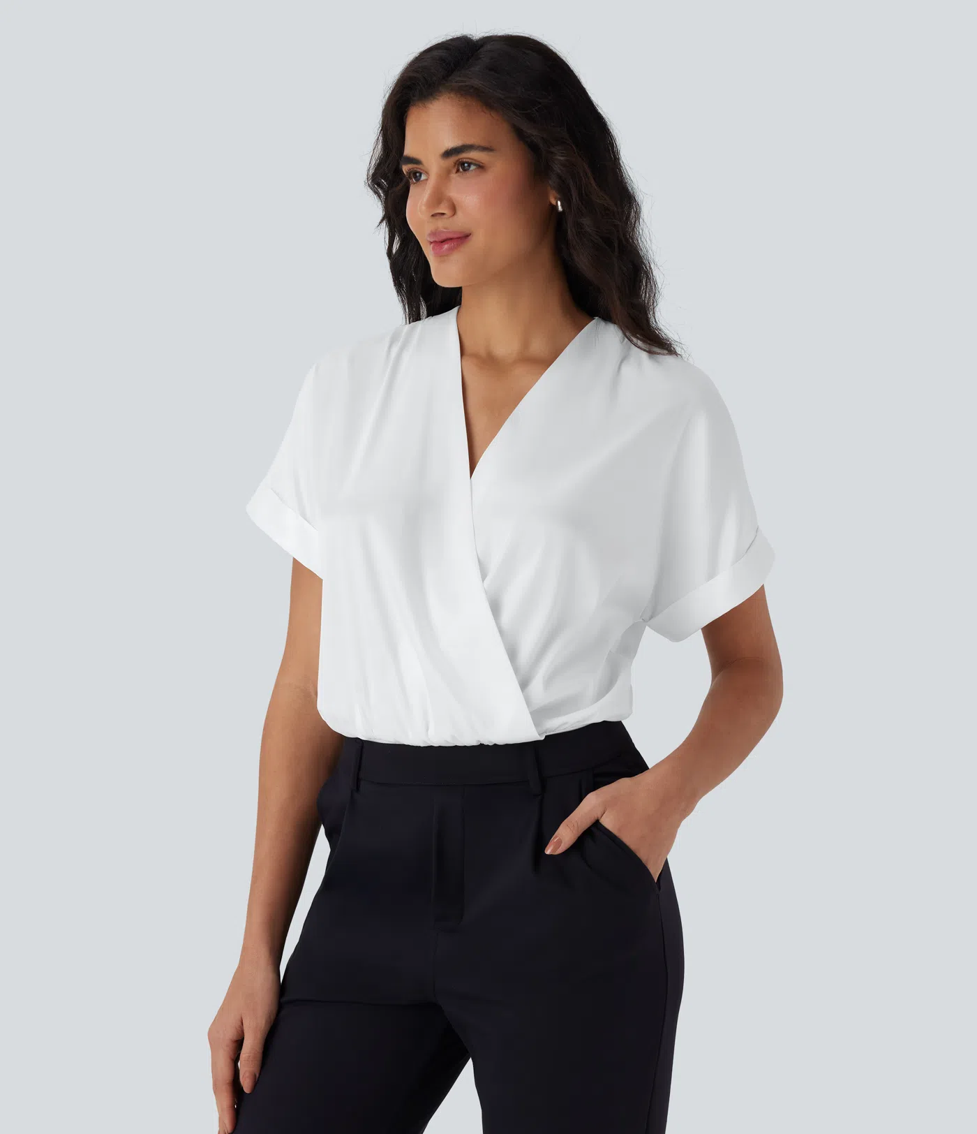 Crossover V-Neck Batwing-Sleeve Snap Satin Work Bodysuit