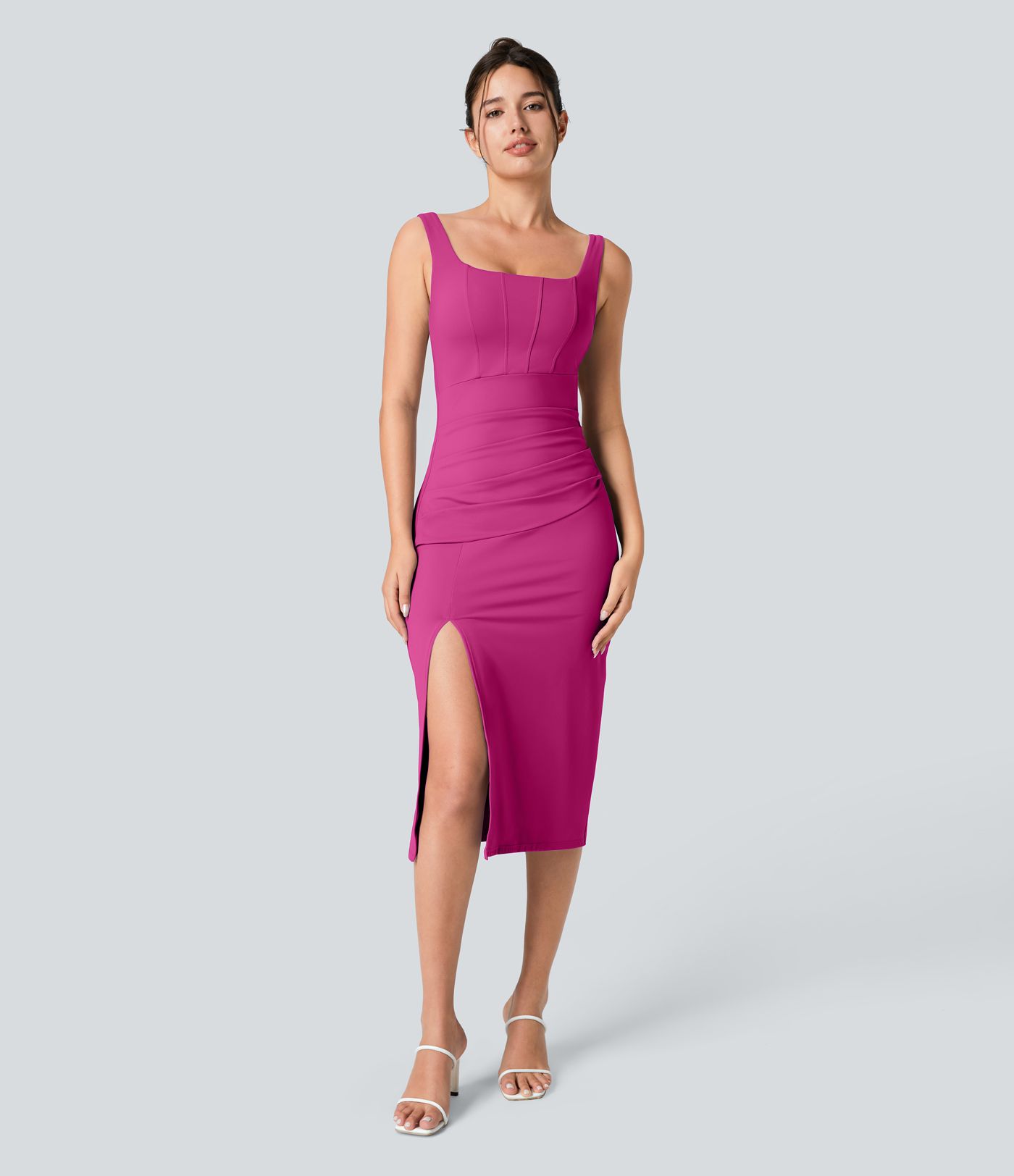 SoftlyZero™ Airy Square Neck Corset Ruched Bodycon Midi Cool Touch Dress