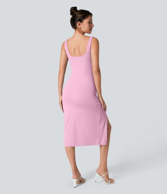 Softlyzero™ Airy Square Neck Backless Corset Ruched Split Bodycon Midi Cool Touch Bridesmaid and Wedding Guest Dress