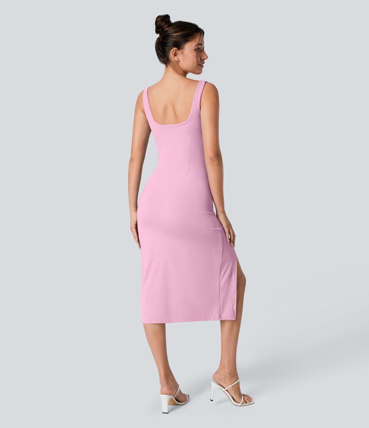 Softlyzero™ Airy Square Neck Backless Corset Ruched Split Bodycon Midi Cool Touch Bridesmaid and Wedding Guest Dress