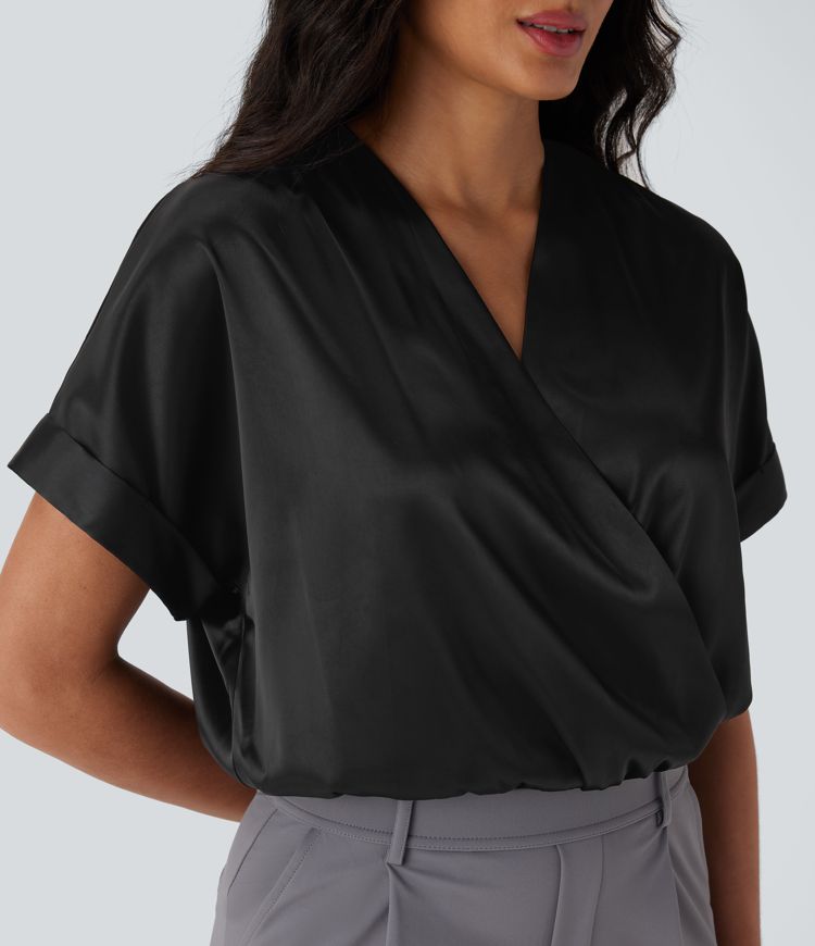 Crossover V-Neck Batwing-Sleeve Snap Button Satin Work Bodysuit