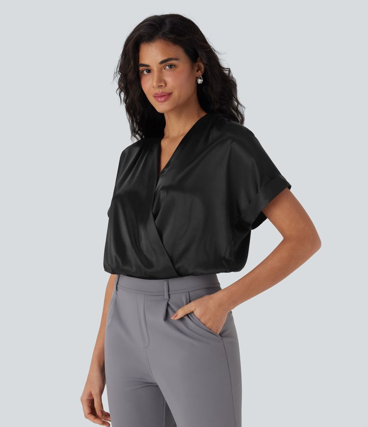 Crossover V-Neck Batwing-Sleeve Snap Button Satin Work Bodysuit