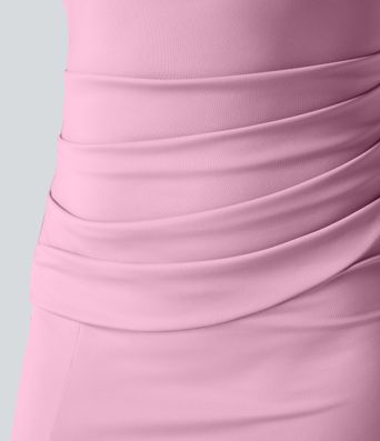 Softlyzero™ Airy Square Neck Backless Corset Ruched Split Bodycon Midi Cool Touch Bridesmaid and Wedding Guest Dress