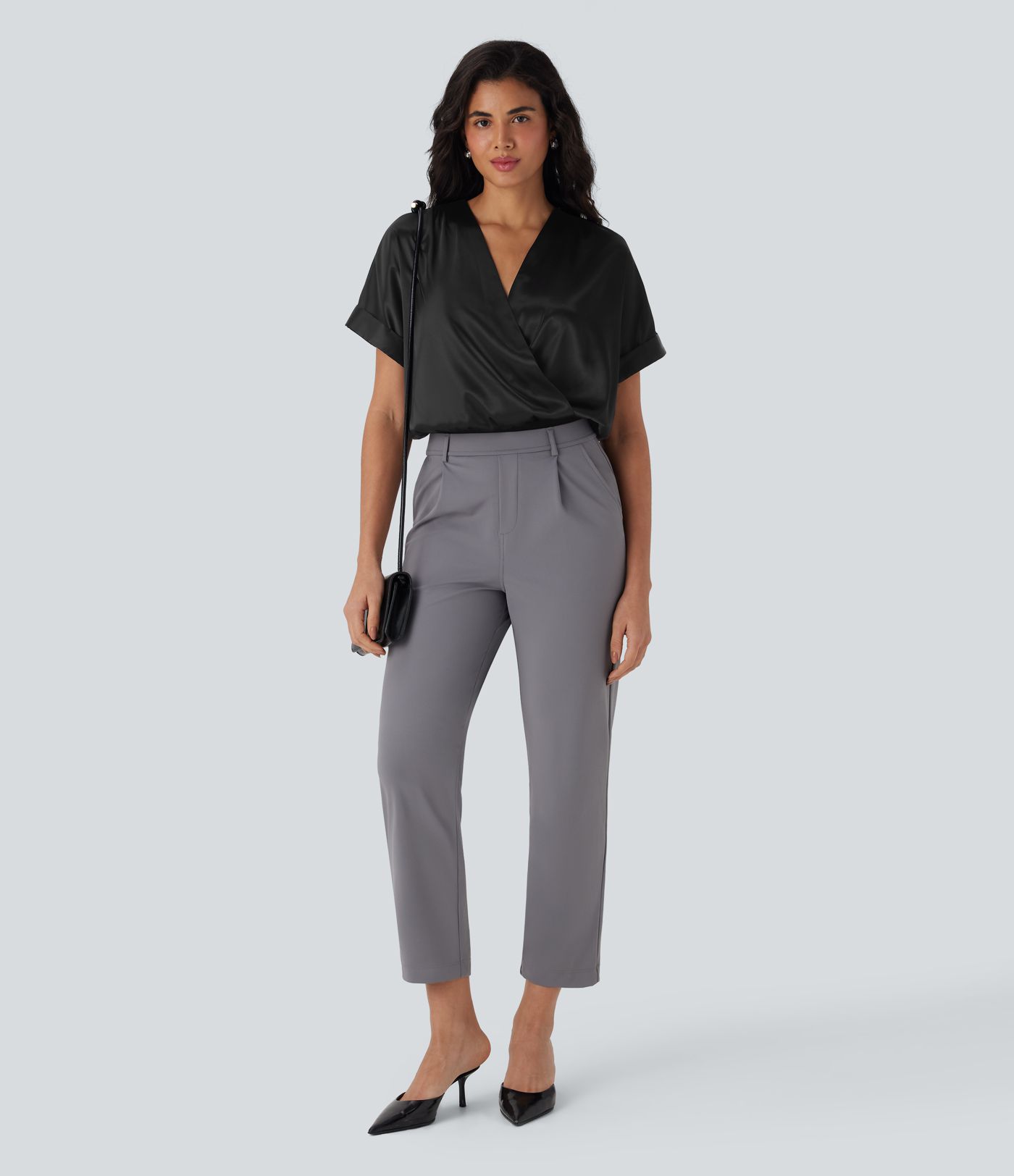 Crossover V-Neck Batwing-Sleeve Snap Button Satin Work Bodysuit