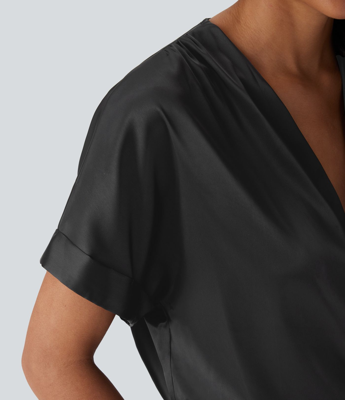 Crossover V-Neck Batwing-Sleeve Snap Button Satin Work Bodysuit