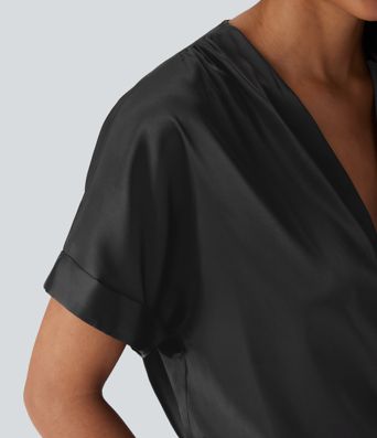 Crossover V-Neck Batwing-Sleeve Snap Button Satin Work Bodysuit