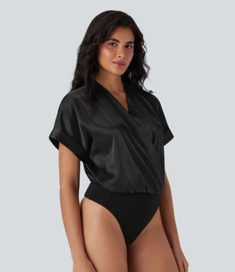 Crossover V-Neck Batwing-Sleeve Snap Button Satin Work Bodysuit