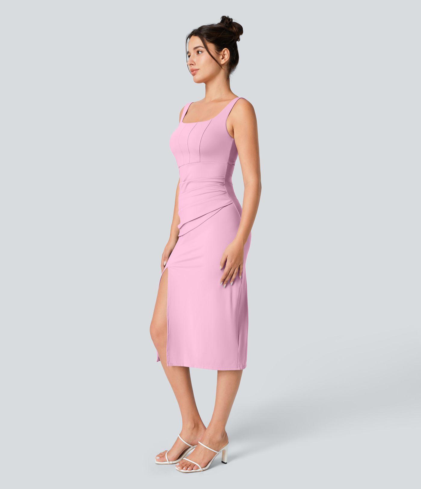 Softlyzero™ Airy Square Neck Backless Corset Ruched Split Bodycon Midi Cool Touch Bridesmaid and Wedding Guest Dress