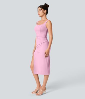 Softlyzero™ Airy Square Neck Backless Corset Ruched Split Bodycon Midi Cool Touch Bridesmaid and Wedding Guest Dress