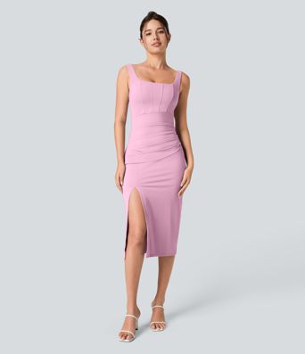 Softlyzero™ Airy Square Neck Backless Corset Ruched Split Bodycon Midi Cool Touch Bridesmaid and Wedding Guest Dress