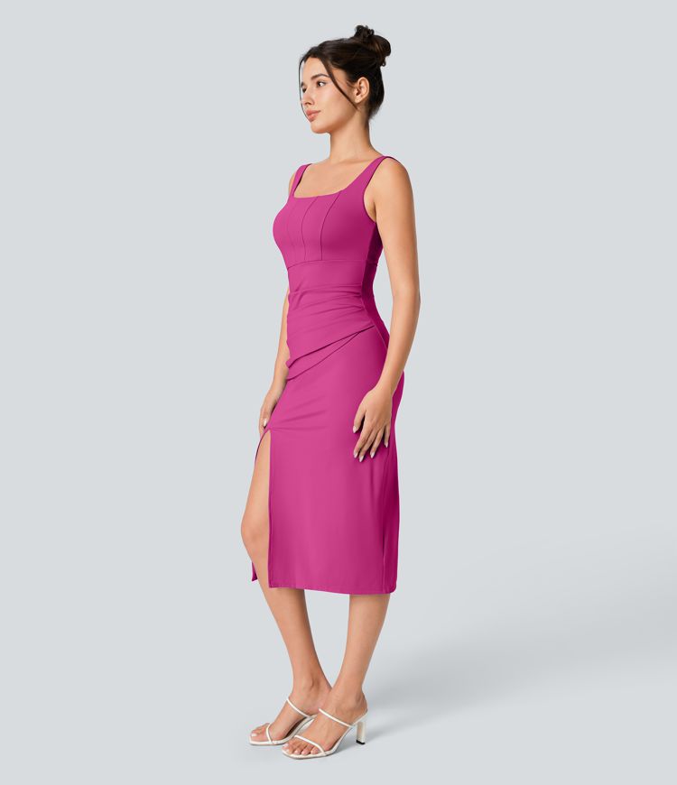 SoftlyZero™ Airy Square Neck Corset Ruched Bodycon Midi Cool Touch Dress