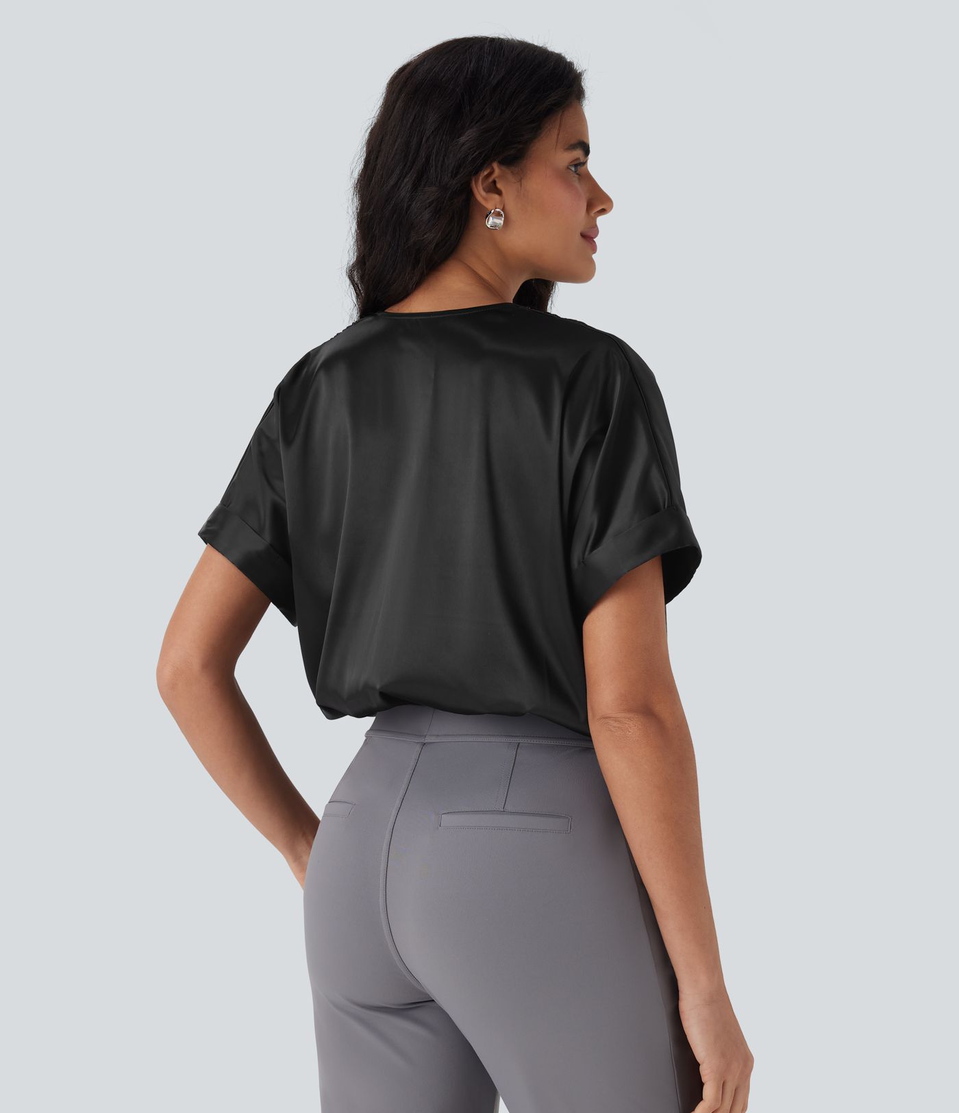 Crossover V-Neck Batwing-Sleeve Snap Button Satin Work Bodysuit