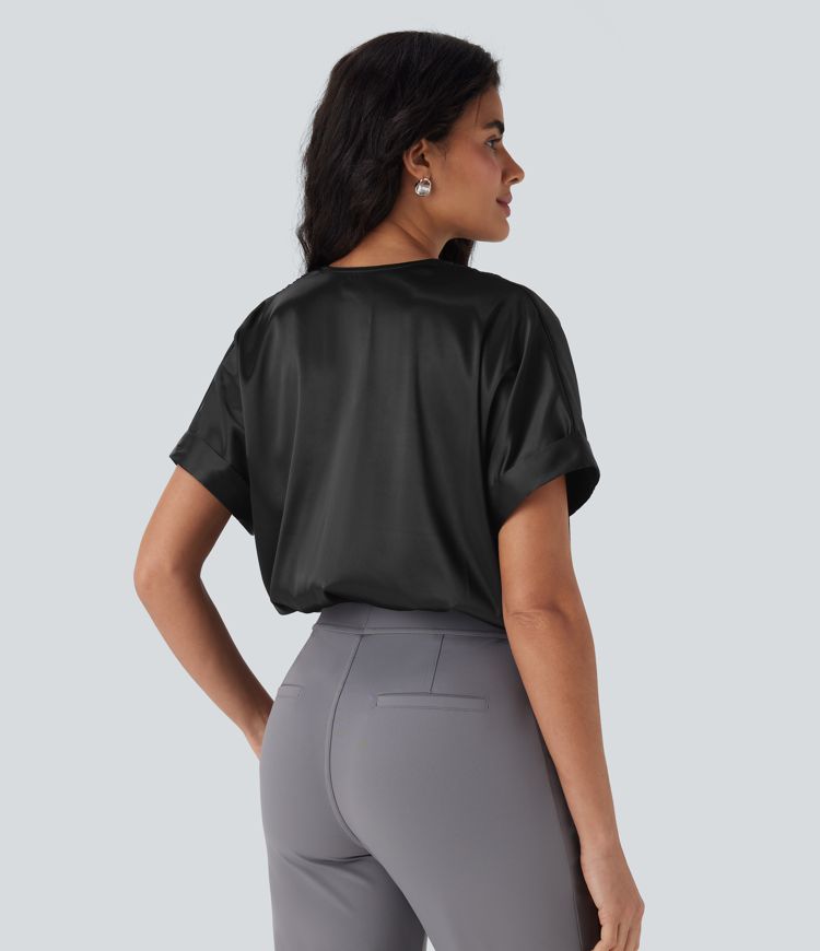 Crossover V-Neck Batwing-Sleeve Snap Button Satin Work Bodysuit