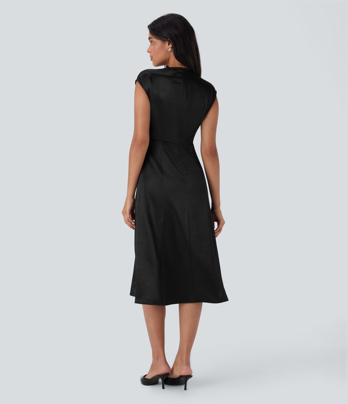 Round Neck Ruched Midi Satin Work Dress with Pockets