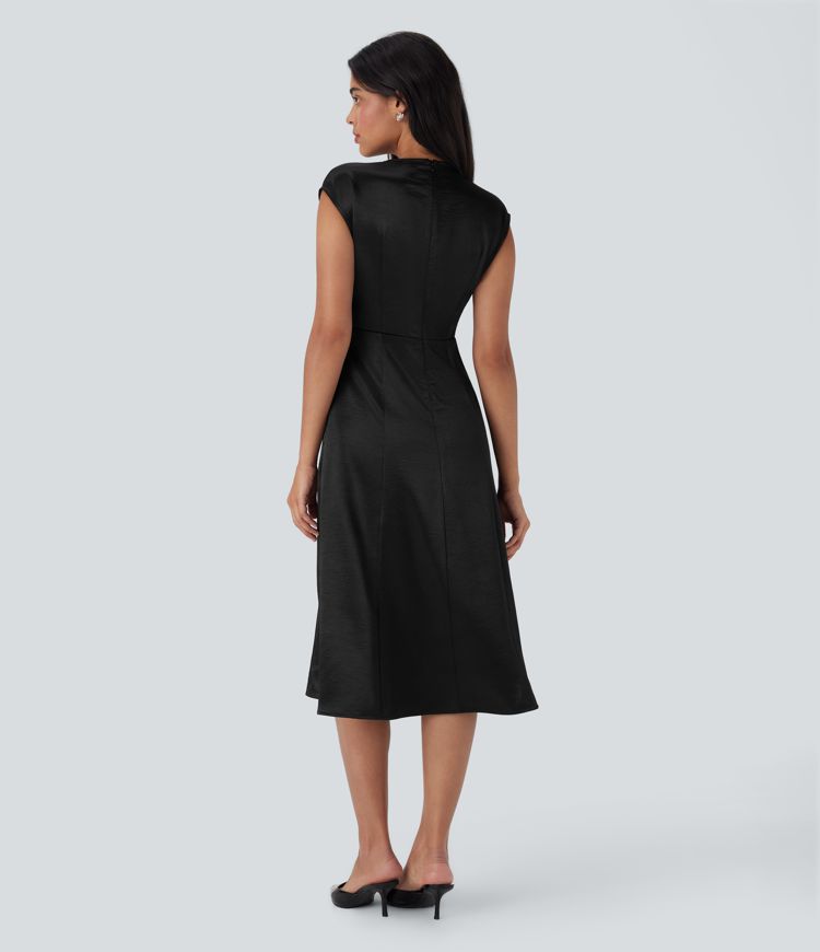 Round Neck Ruched Midi Satin Work Dress with Pockets