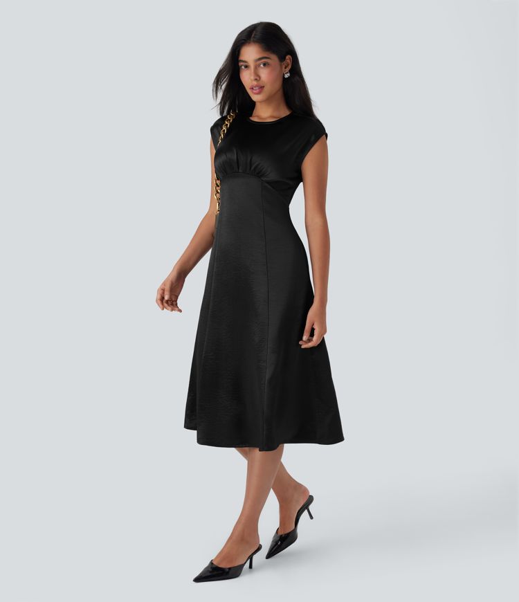Round Neck Ruched Midi Satin Work Dress with Pockets