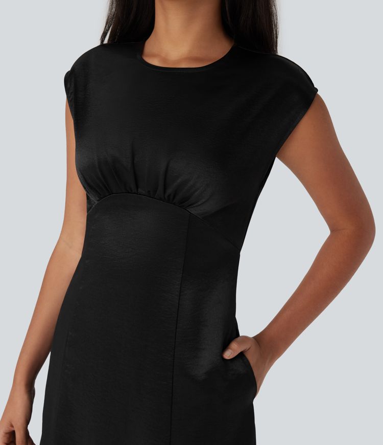 Round Neck Ruched Midi Satin Work Dress with Pockets