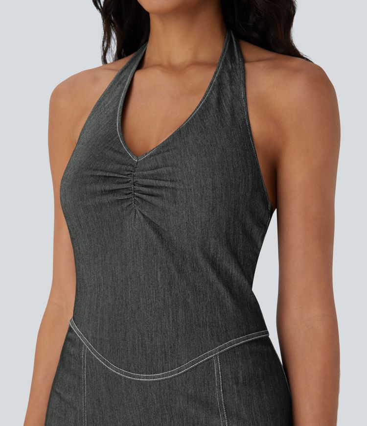 Halara Flex™ Neckholder-Kleid, rückenfrei, figurbetont, zweiteilig, Cool Touch, gewaschen, dehnbar, Mini-Tennis-Aktivkleid aus Denim mit Seitentaschen Halara Flex™ Neckholder-Kleid, rückenfrei, figurbetont, zweiteilig, Cool Touch, gewaschen, dehnbar, Mini-Tennis-Aktivkleid aus Denim mit Seitentaschen