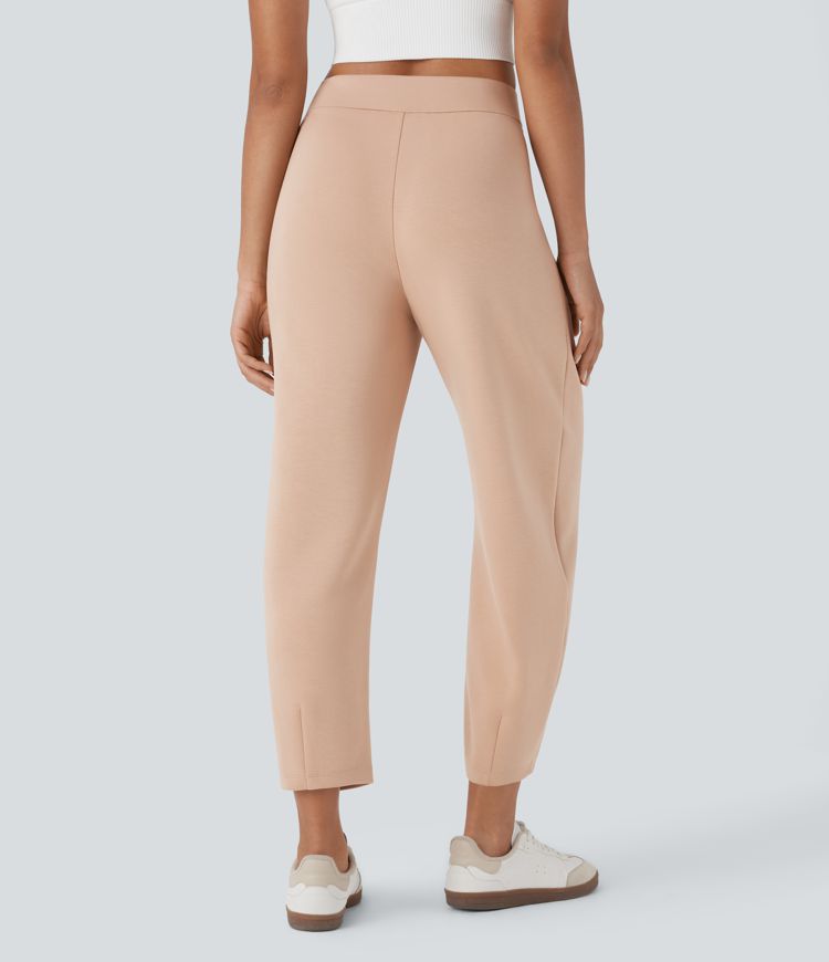High Waisted Barrel Leg Casual Trousers with Pockets
