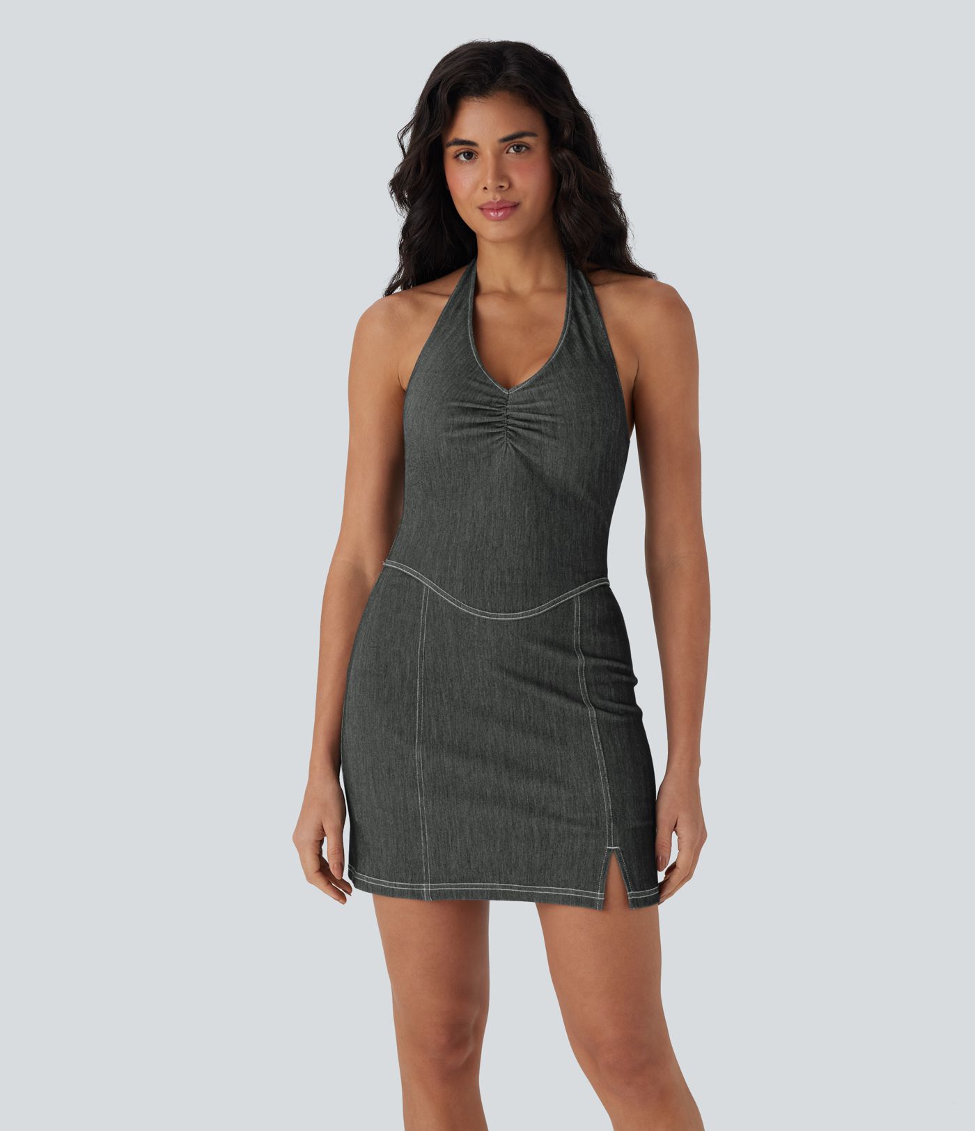 Halara Flex™ Neckholder-Kleid, rückenfrei, figurbetont, zweiteilig, Cool Touch, gewaschen, dehnbar, Mini-Tennis-Aktivkleid aus Denim mit Seitentaschen Halara Flex™ Neckholder-Kleid, rückenfrei, figurbetont, zweiteilig, Cool Touch, gewaschen, dehnbar, Mini-Tennis-Aktivkleid aus Denim mit Seitentaschen