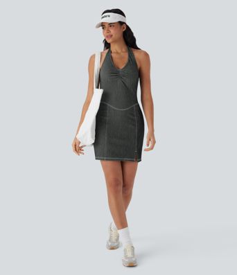 Halara Flex™ Neckholder-Kleid, rückenfrei, figurbetont, zweiteilig, Cool Touch, gewaschen, dehnbar, Mini-Tennis-Aktivkleid aus Denim mit Seitentaschen Halara Flex™ Neckholder-Kleid, rückenfrei, figurbetont, zweiteilig, Cool Touch, gewaschen, dehnbar, Mini-Tennis-Aktivkleid aus Denim mit Seitentaschen