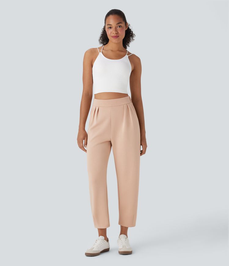 High Waisted Barrel Leg Casual Trousers with Pockets