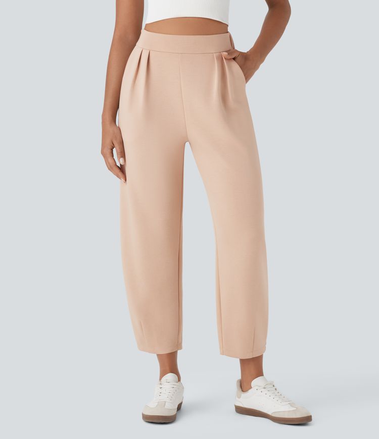 High Waisted Barrel Leg Casual Trousers with Pockets