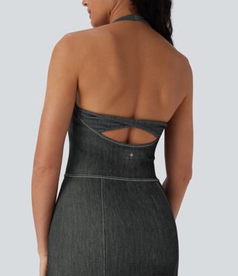 Halara Flex™ Neckholder-Kleid, rückenfrei, figurbetont, zweiteilig, Cool Touch, gewaschen, dehnbar, Mini-Tennis-Aktivkleid aus Denim mit Seitentaschen Halara Flex™ Neckholder-Kleid, rückenfrei, figurbetont, zweiteilig, Cool Touch, gewaschen, dehnbar, Mini-Tennis-Aktivkleid aus Denim mit Seitentaschen