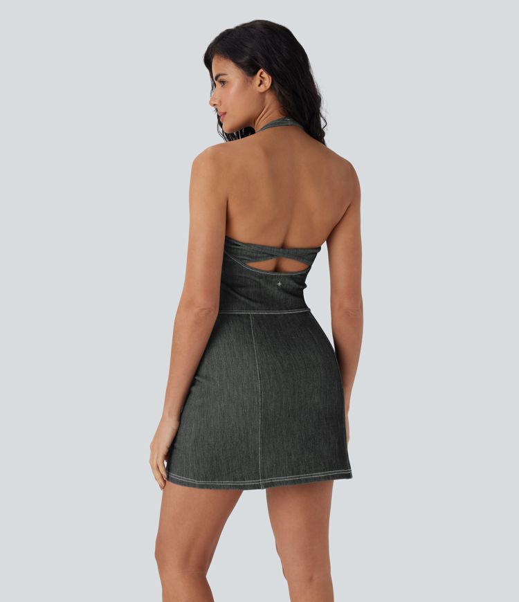 Halara Flex™ Neckholder-Kleid, rückenfrei, figurbetont, zweiteilig, Cool Touch, gewaschen, dehnbar, Mini-Tennis-Aktivkleid aus Denim mit Seitentaschen Halara Flex™ Neckholder-Kleid, rückenfrei, figurbetont, zweiteilig, Cool Touch, gewaschen, dehnbar, Mini-Tennis-Aktivkleid aus Denim mit Seitentaschen