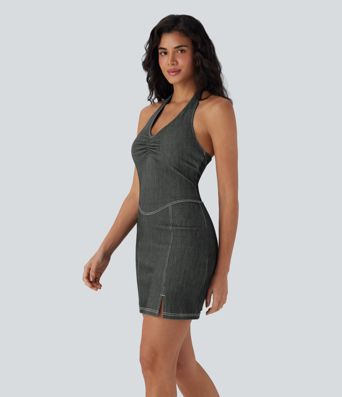 Halara Flex™ Neckholder-Kleid, rückenfrei, figurbetont, zweiteilig, Cool Touch, gewaschen, dehnbar, Mini-Tennis-Aktivkleid aus Denim mit Seitentaschen Halara Flex™ Neckholder-Kleid, rückenfrei, figurbetont, zweiteilig, Cool Touch, gewaschen, dehnbar, Mini-Tennis-Aktivkleid aus Denim mit Seitentaschen