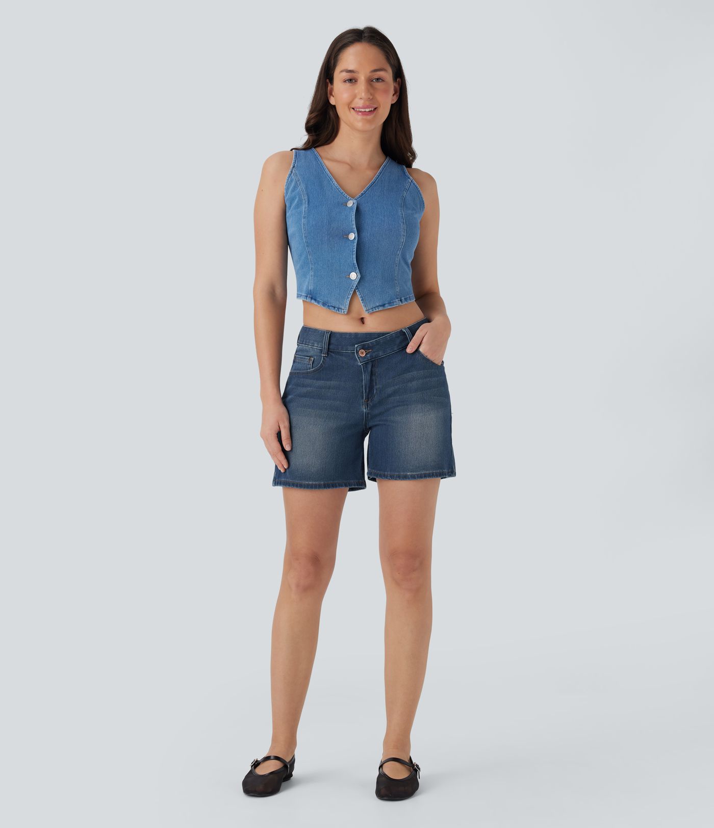 Halara Flex™ Asymmetric Low Rise Pockets Washed Denim Casual Shorts