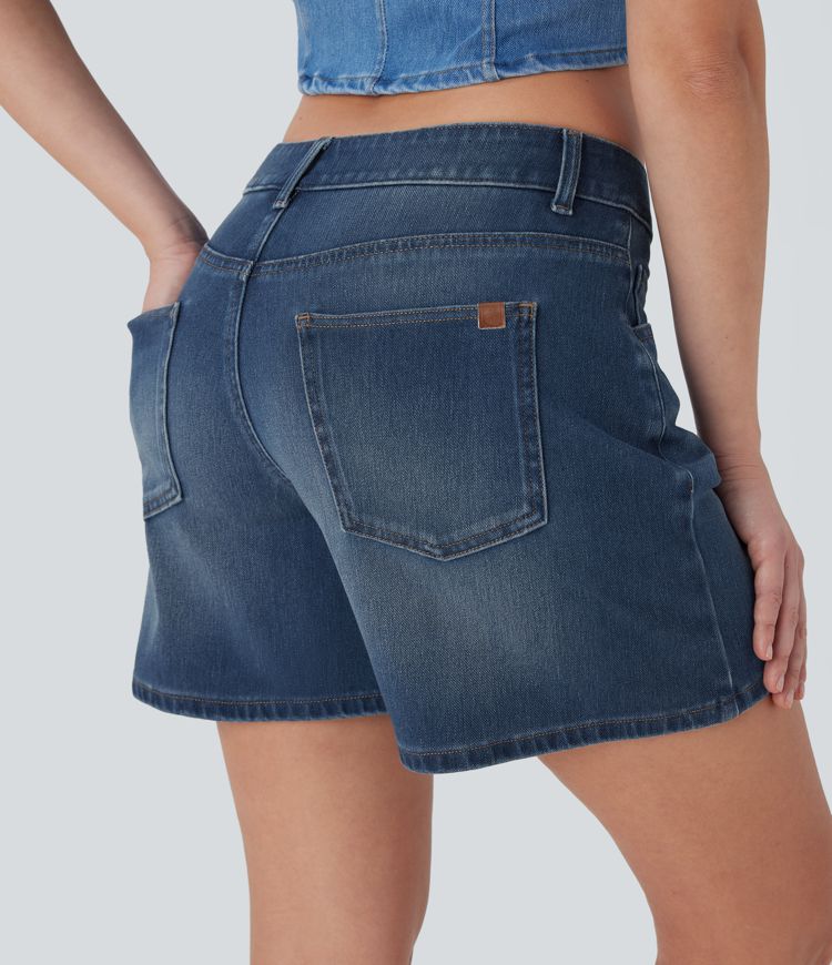 Halara Flex™ Asymmetric Low Rise Pockets Washed Denim Casual Shorts