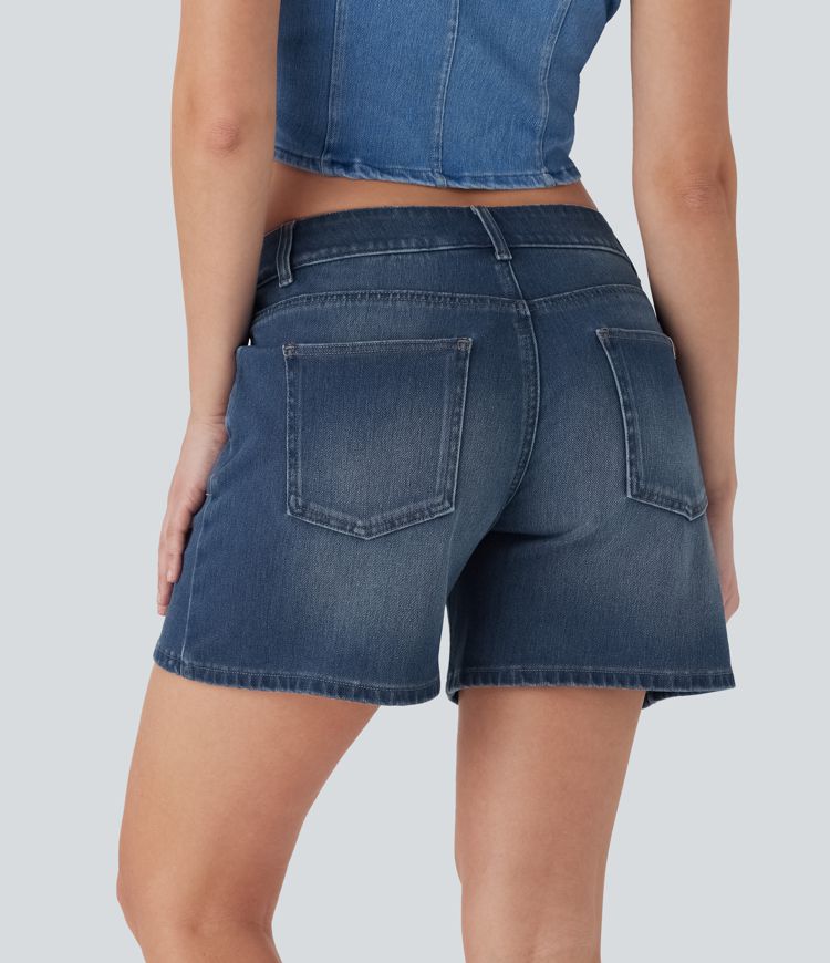 Halara Flex™ Asymmetric Low Rise Pockets Washed Denim Casual Shorts
