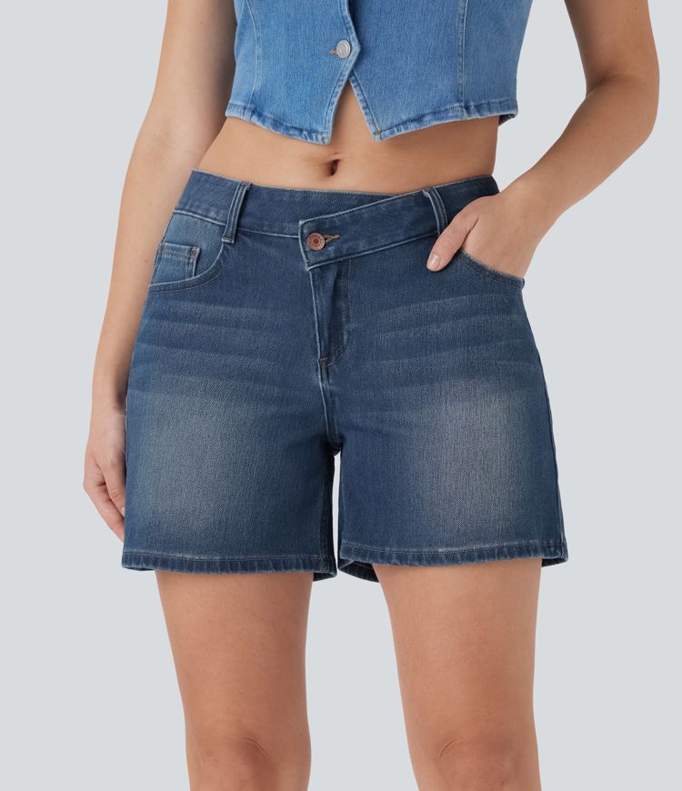 Halara Flex™ Asymmetric Low Rise Pockets Washed Denim Casual Shorts