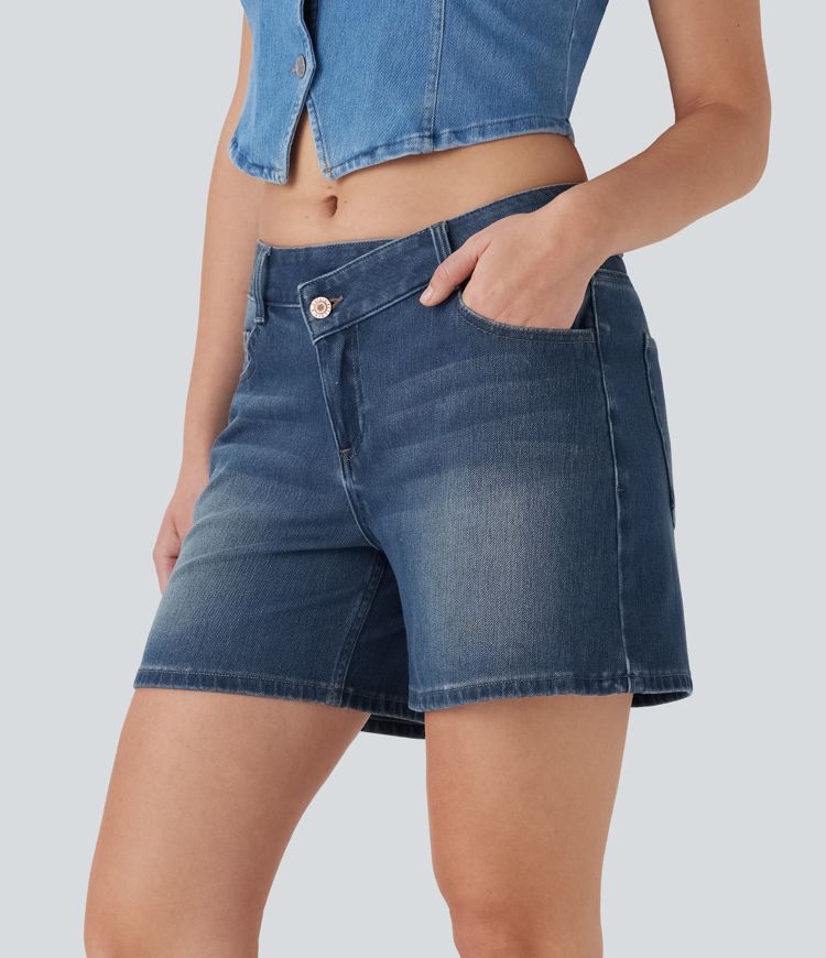 Halara Flex™ Asymmetric Low Rise Pockets Washed Denim Casual Shorts