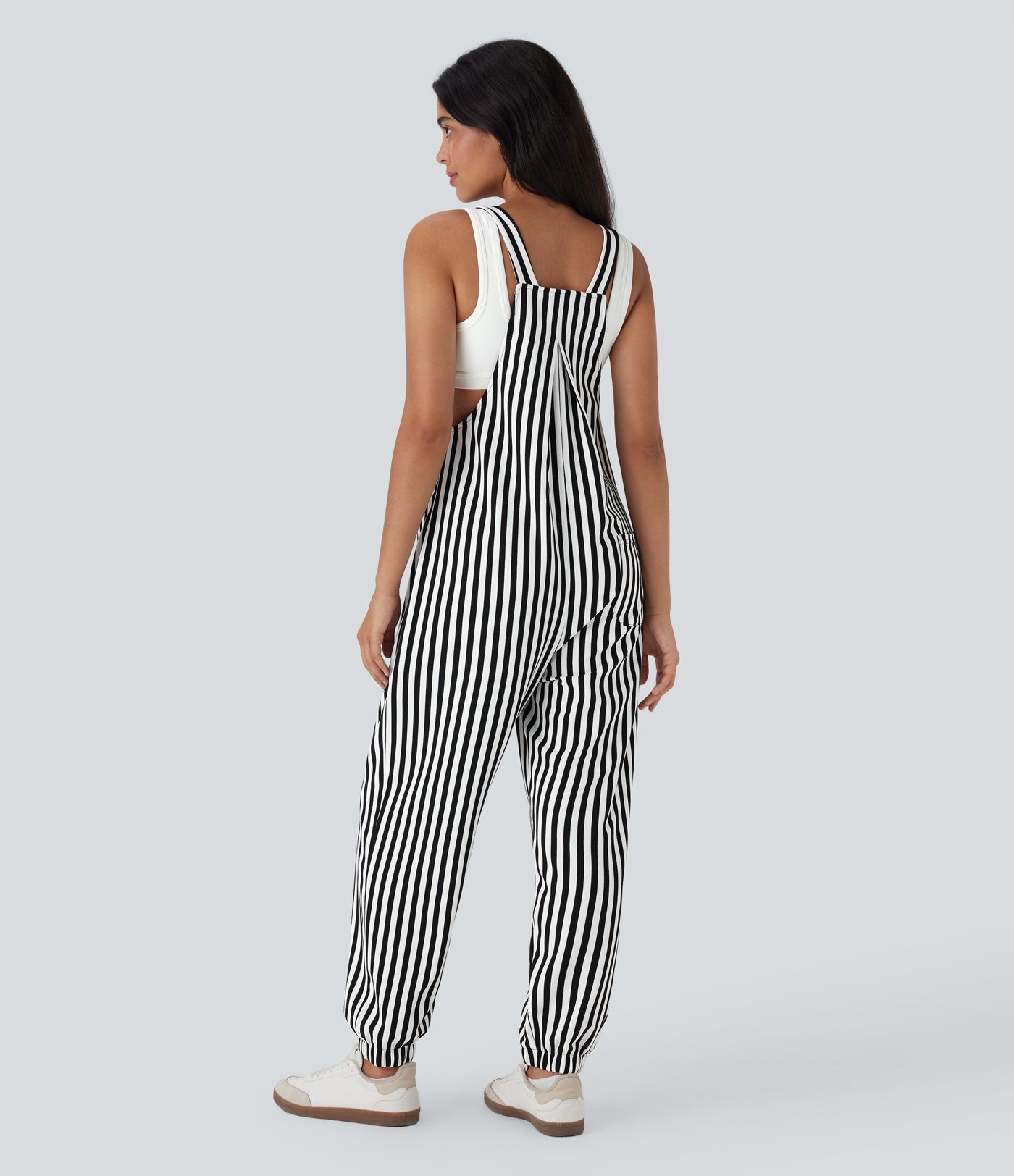 Adjustable Strap Button Stripe Waffle Resort Jogger Dungarees with Multiple Pockets
