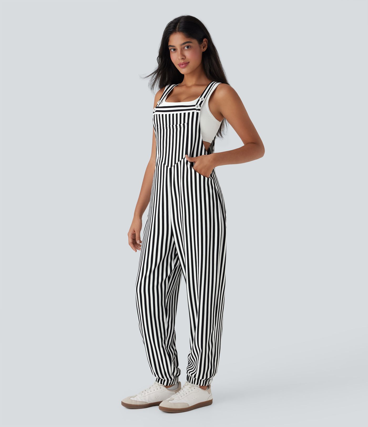 Adjustable Strap Button Stripe Waffle Resort Jogger Dungarees with Multiple Pockets