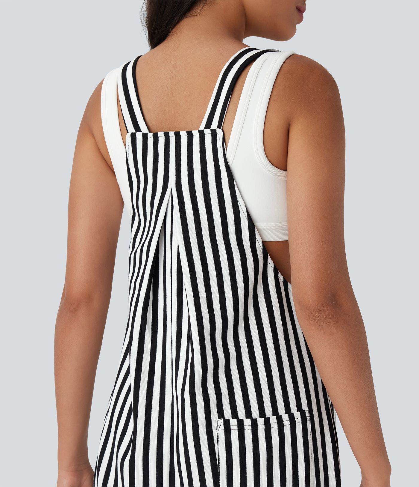 Adjustable Strap Button Stripe Waffle Resort Jogger Dungarees with Multiple Pockets