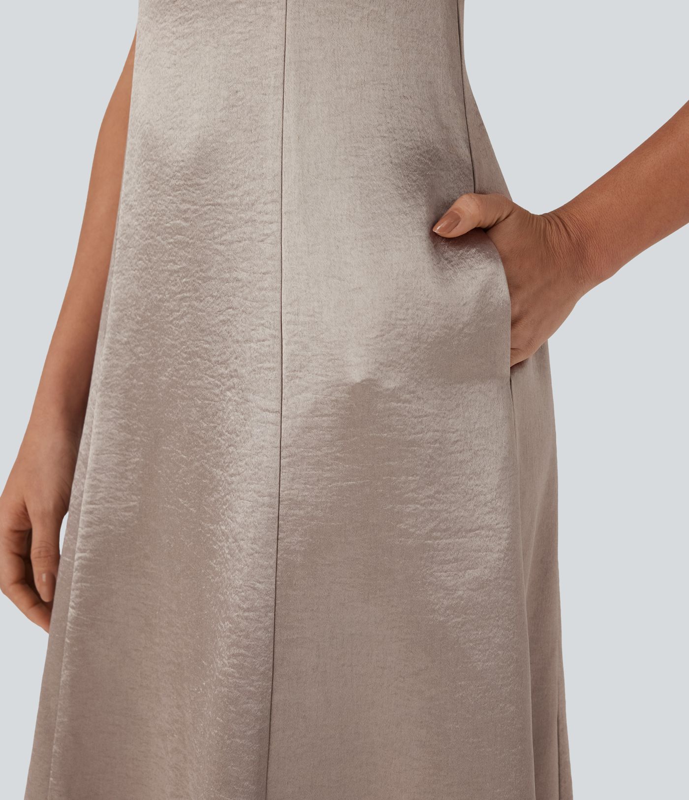 Vestido midi de oficina de satén fruncido con cuello redondo, cremallera invisible y bolsillos