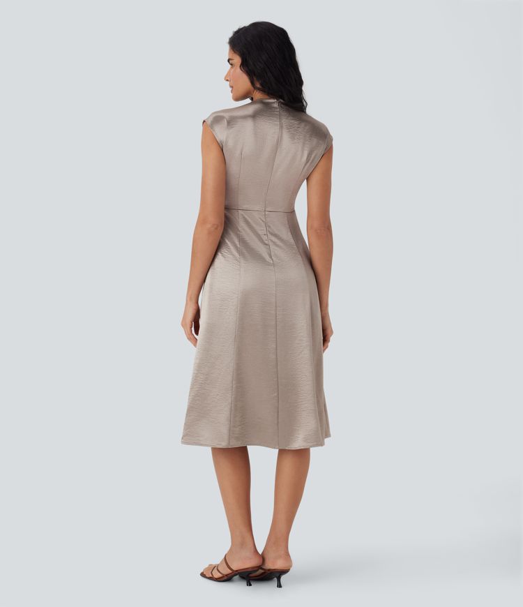 Vestido midi de oficina de satén fruncido con cuello redondo, cremallera invisible y bolsillos