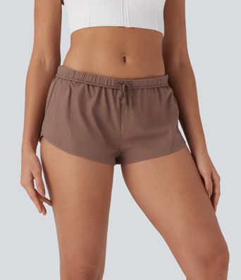 Water Repellent Foldover Low waist Drawstring 2-in-1 Twill Running Micro Shorts with Pocket