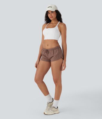 Water Repellent Foldover Low waist Drawstring 2-in-1 Twill Running Micro Shorts with Pocket