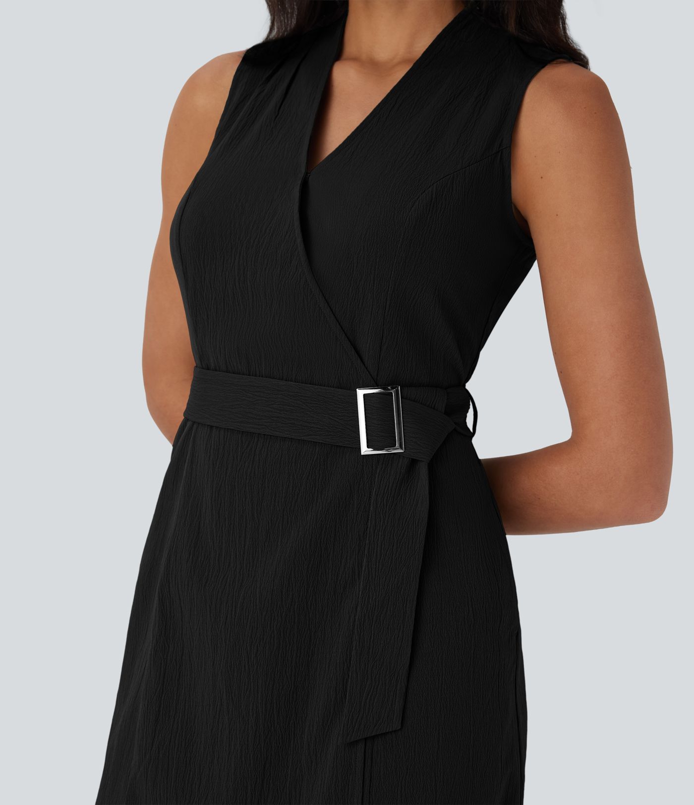 Wrinkle-resistant V Neck Sleeveless Wrapped Belted Midi Travel Dress with Pockets