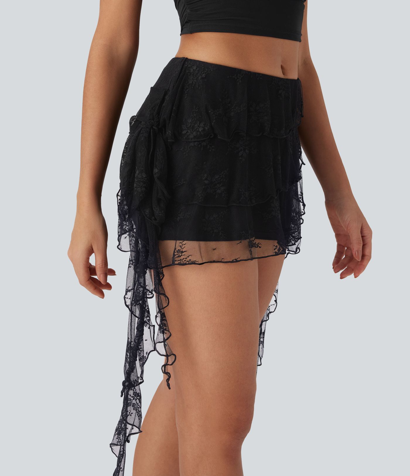Sheer Low Rise 2-in-1 Lace Tie Side Lettuce Trim Mini Skirt