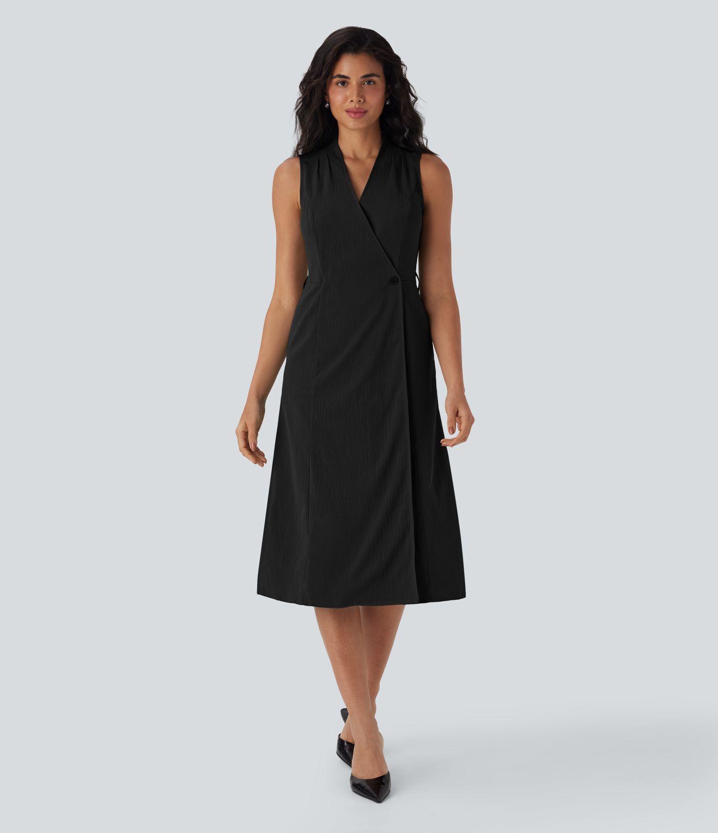 Wrinkle-resistant V Neck Sleeveless Wrapped Belted Midi Travel Dress with Pockets