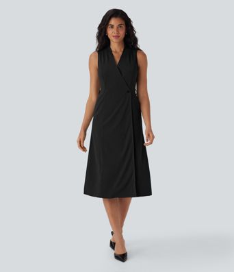 Wrinkle-resistant V Neck Sleeveless Wrapped Belted Midi Travel Dress with Pockets