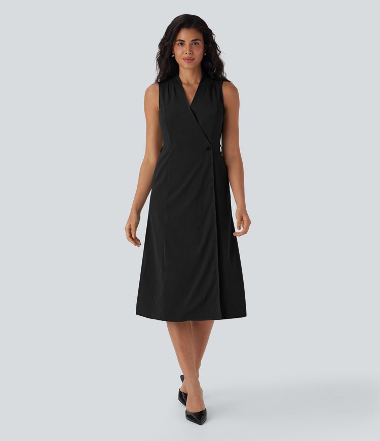 Wrinkle-resistant V Neck Sleeveless Wrapped Belted Midi Travel Dress with Pockets