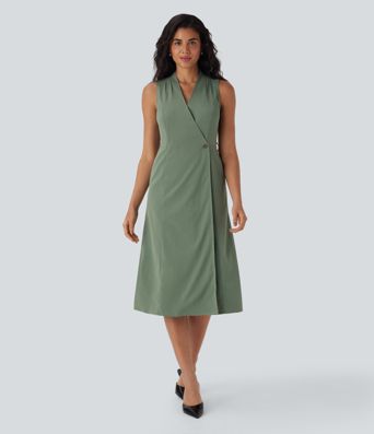 Vestido midi sin mangas y escote en V cruzado con cinturón y bolsillos laterales