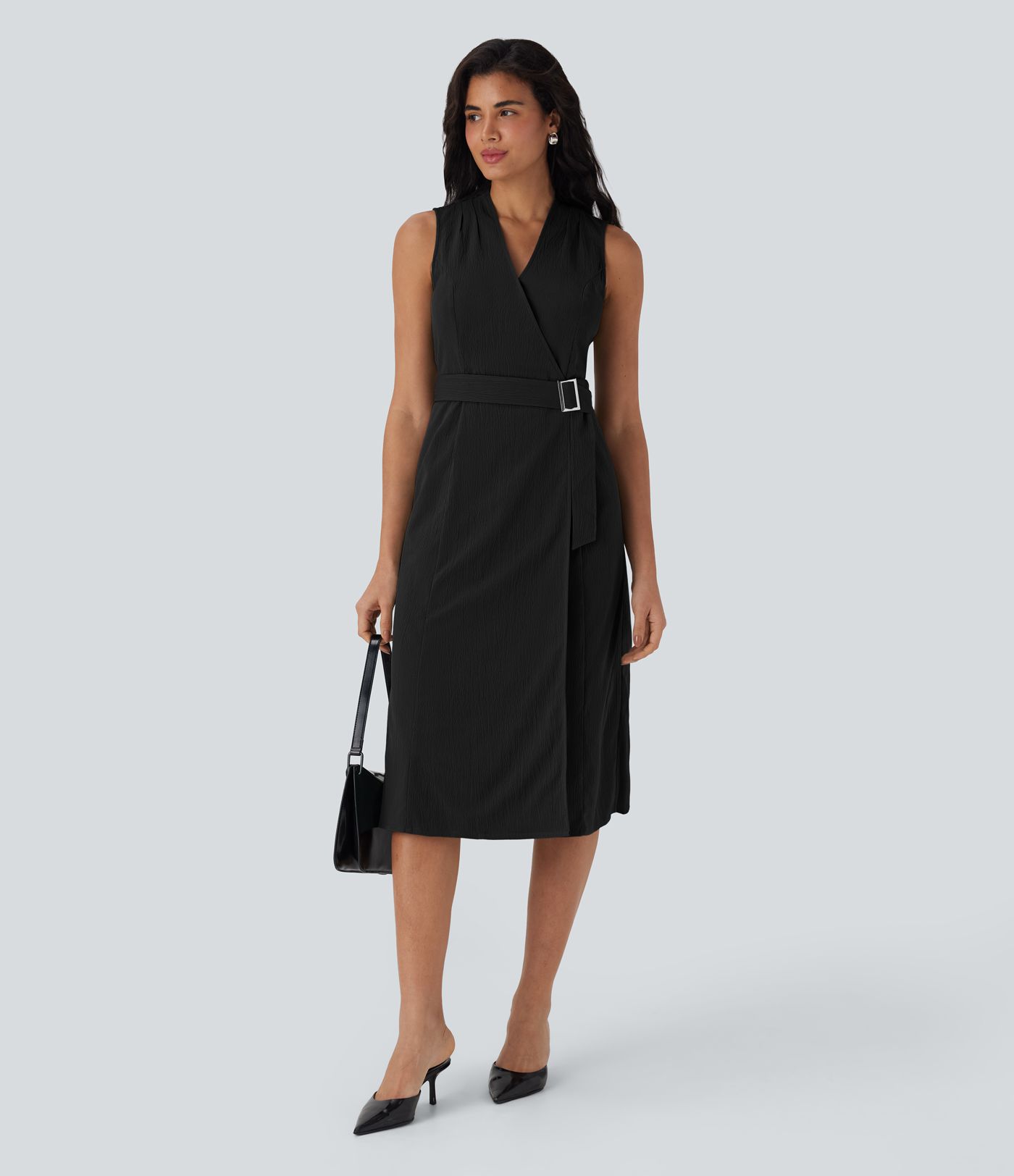 Wrinkle-resistant V Neck Sleeveless Wrapped Belted Midi Travel Dress with Pockets