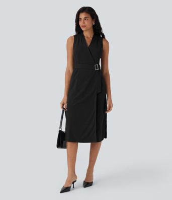 Wrinkle-resistant V Neck Sleeveless Wrapped Belted Midi Travel Dress with Pockets